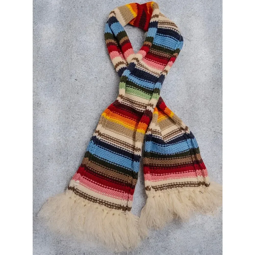 Vintage Hand Knit Striped Scarf Made in Korea Multicolor Fringe